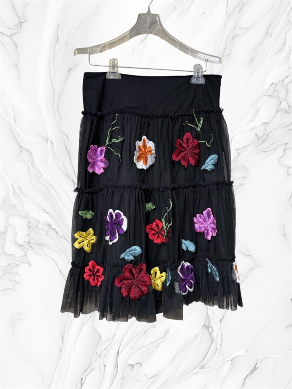 Kenar black tiered tulle midi skirt vibrant multi-colored floral embroidery sz 8